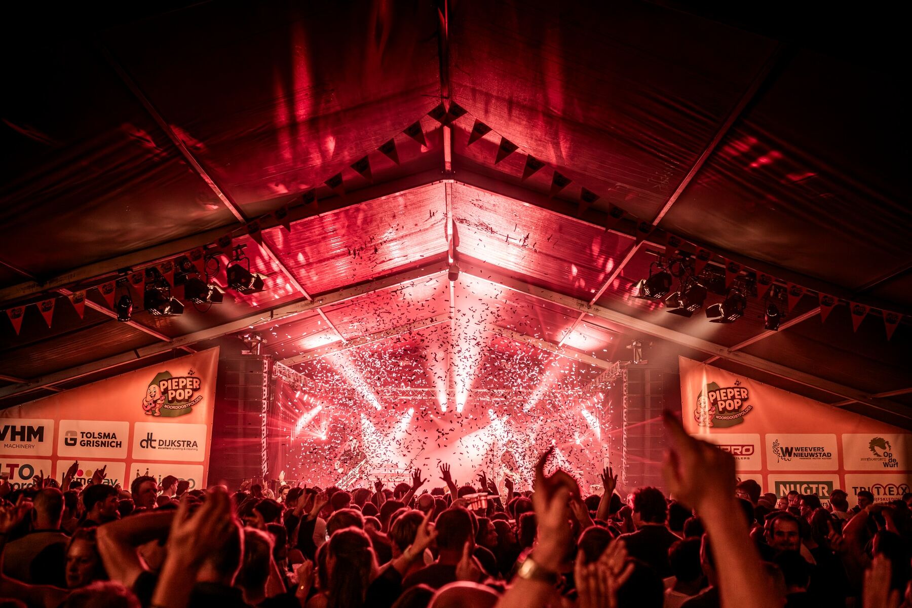 Groep vrienden viert feest met handen omhoog