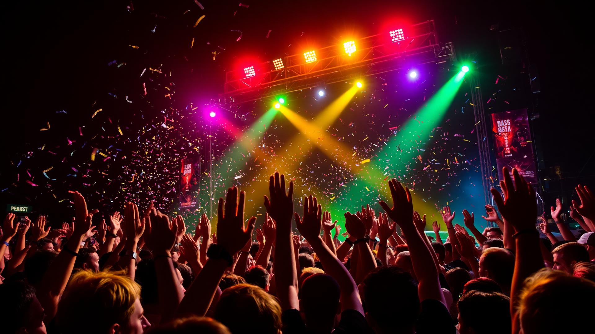 Juichend festivalpubliek met confetti onder kleurrijke lichten