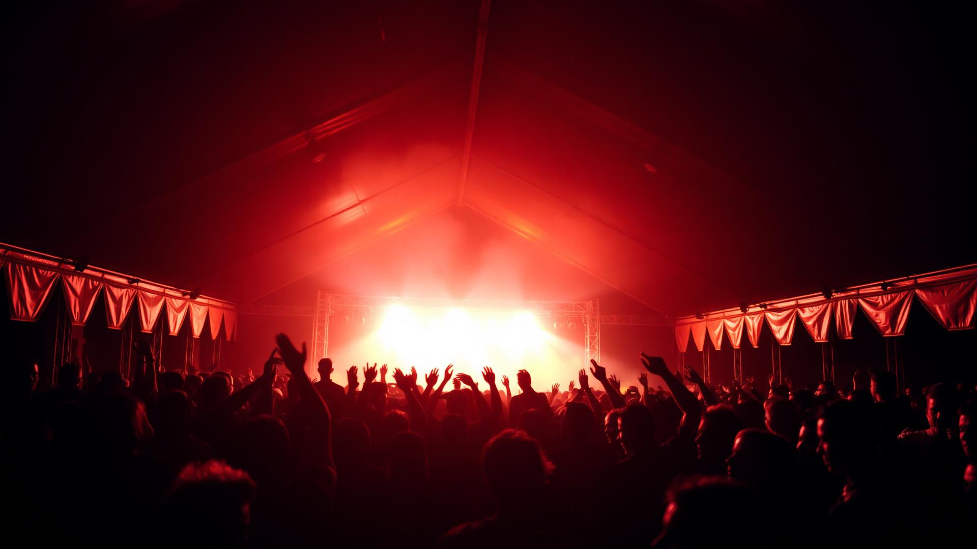 Dansend publiek in een feesttent met rode lichten
