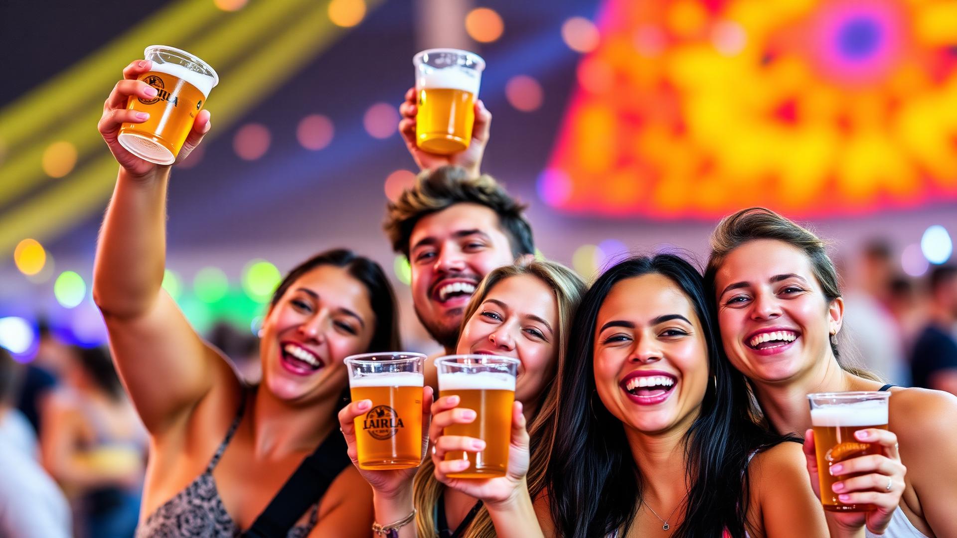 Vrienden proosten met biertjes op het festival