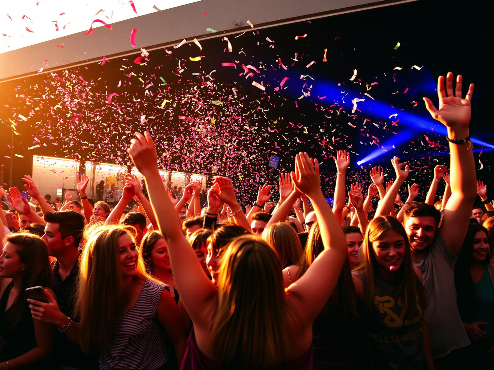 Confetti regen boven feestende menigte